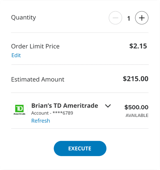 Investment trade idea from Citizen Trader to execute the options-based trade idea in a user's existing brokerage account.